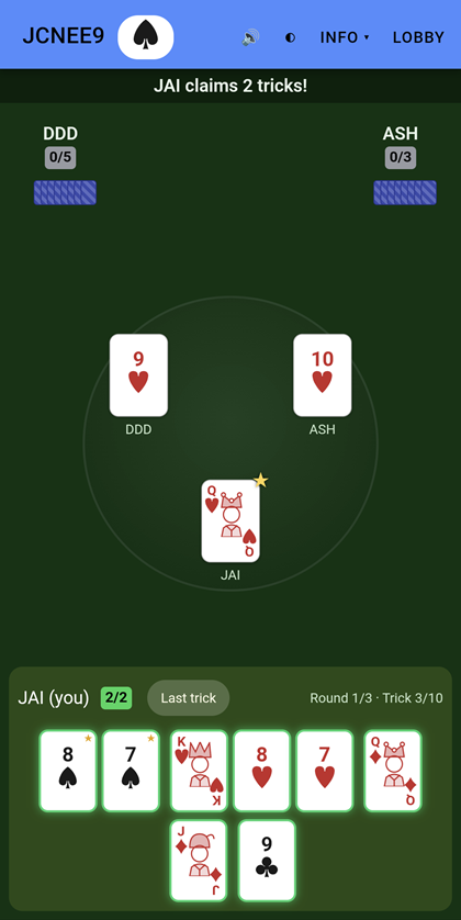 A player claiming two tricks after winning twice in a row