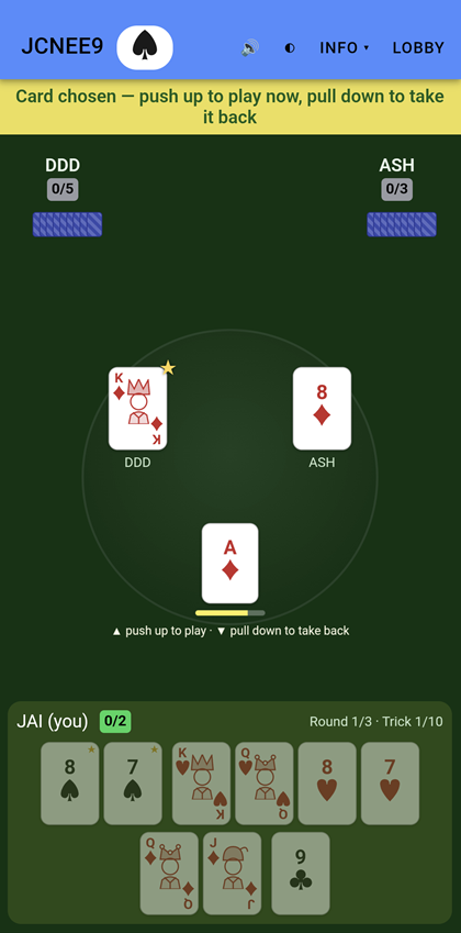 A played card floating above the table during the undo window