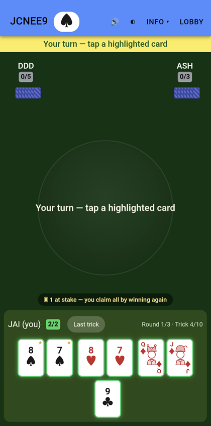 A player's turn, with playable cards highlighted and one hand at stake